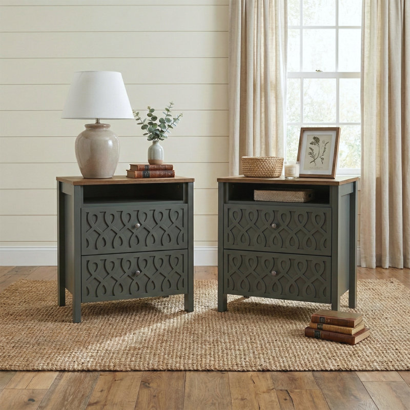 Allysyn 2-Drawer Nightstand with Open Storage, Green/Brown