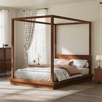 Grand lit plateforme à baldaquin en bois avec tête de lit, brun