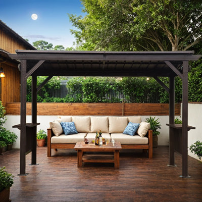 Toit-terrasse pour barbecue extérieur 6,5 x 12 pi avec 2 tablettes latérales, toit en acier et crochets de plafond pour patio, cour arrière