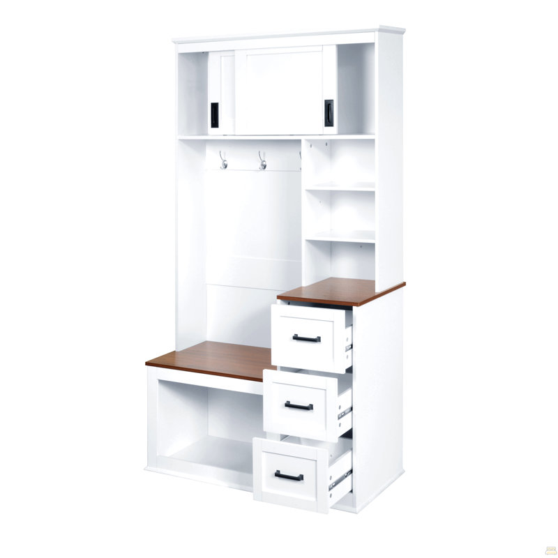 Entryway Bench with Coat Rack, 3 Shelves and Drawers, 3 Sturdy Hooks, 40.2'' Wide Hall Tree with Storage Bench for Hallway, Entryway, Living Room