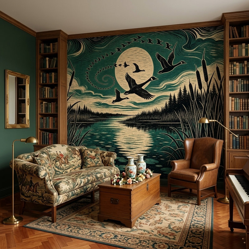 Papier peint mural de style gravure sur bois représentant des oies en vol dans un marais au clair de lune, 120"x96"