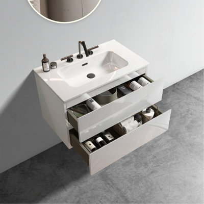 30" Wall Mount Glossy White Bathroom Vanity with Ceramic Sink with Three Faucet Holes, Pre-assembled