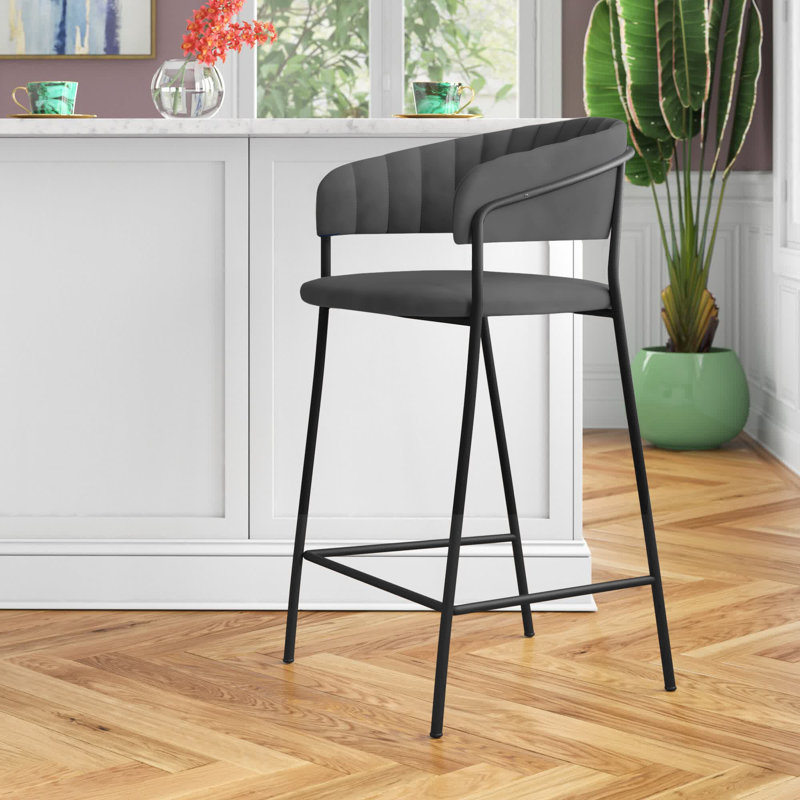 Kamryn Stool in Faux Leather and Metal with Arms and Open Back, Counter Stool (26" Seat Height), Black, Gray