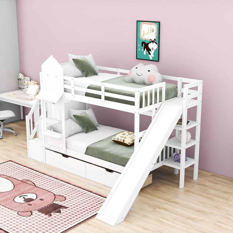 Lit superposé en bois de style château Illan avec tiroirs, tablettes et glissoire, Simple sur simple, Blanc