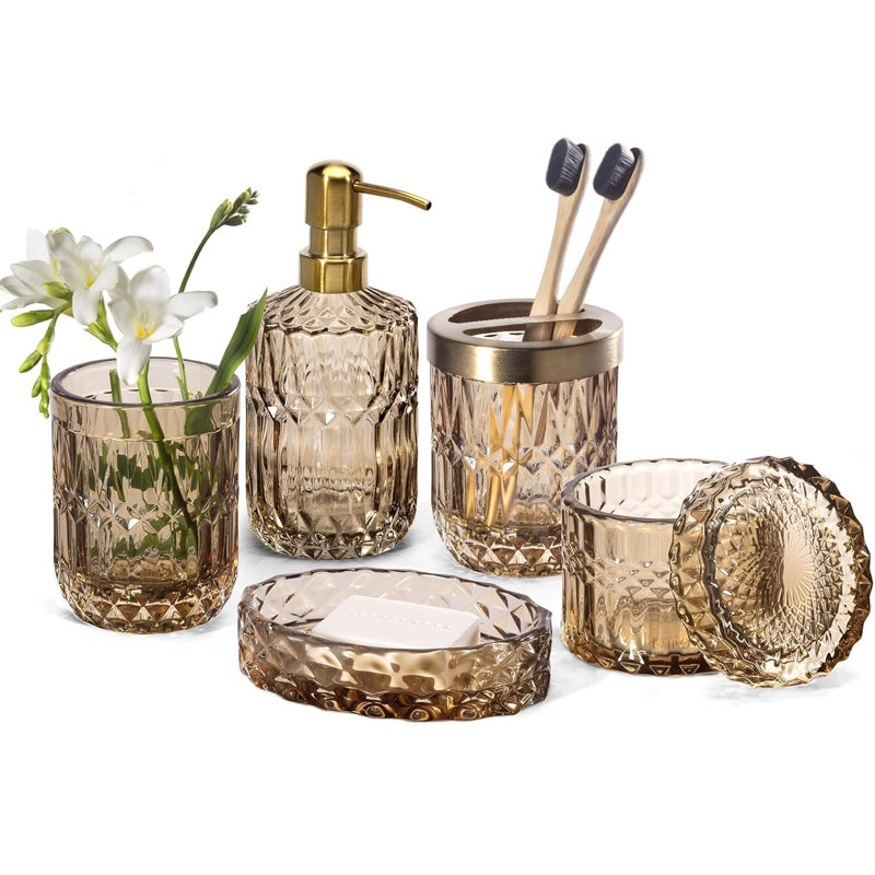 Ensemble de 6 accessoires de salle de bain en verre transparent, style vintage moderne, 6 pièces transparentes