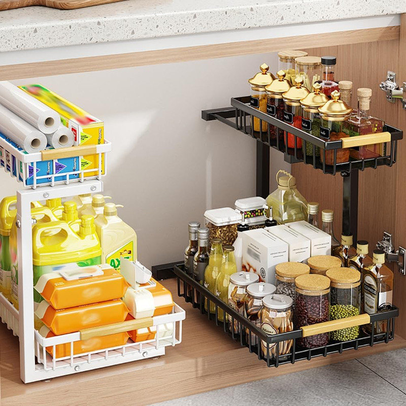 Under Sink Organizer,Pull Out Cabinet Organizer 2 Tier Slide Out Sink Shelf, Carbon Steel Under Sink Storage For Kitchen Bathroom Cabinet