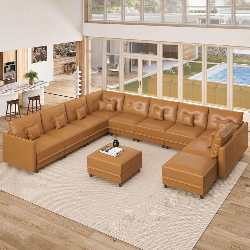 Mizuho Upholstered L-Shaped Sectional, Brown Faux Leather