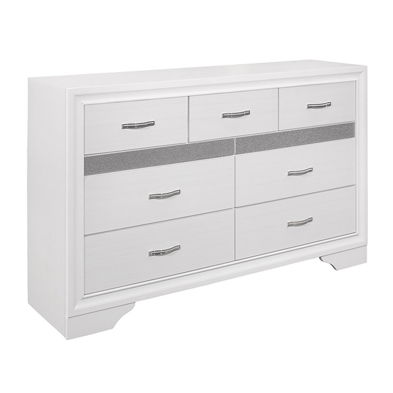 Keaisha 9 Drawer Dresser, White/Silver Glitter