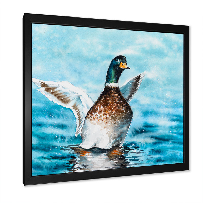 Canard colvert étirant ses ailes - sur, H 16 po x l 16 po x P 1 po, Impression noire sur toile encadrée