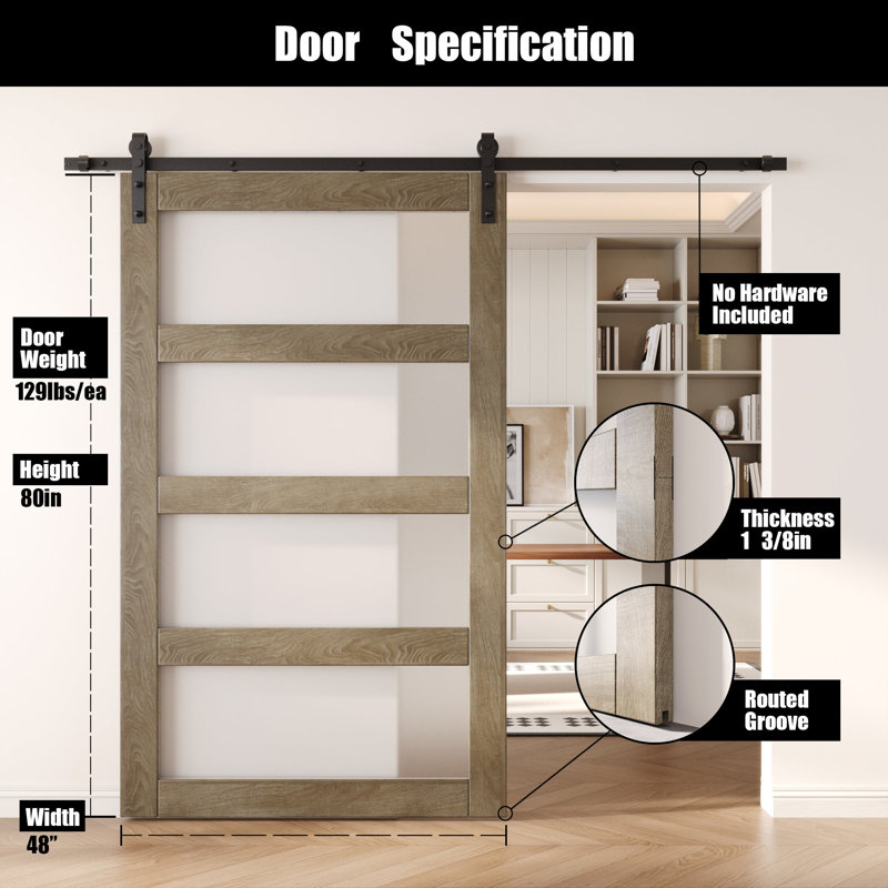Porte de grange non assemblée et fini en verre à 4 verres de 48 po x 80 po Homacer Classic gris, usage intérieur seulement