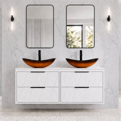 48" Wall Mounted Floating Double Bathroom Vanity with Artistic Vessel Sinks, Hand-Painted, 4 Soft-Close Drawers