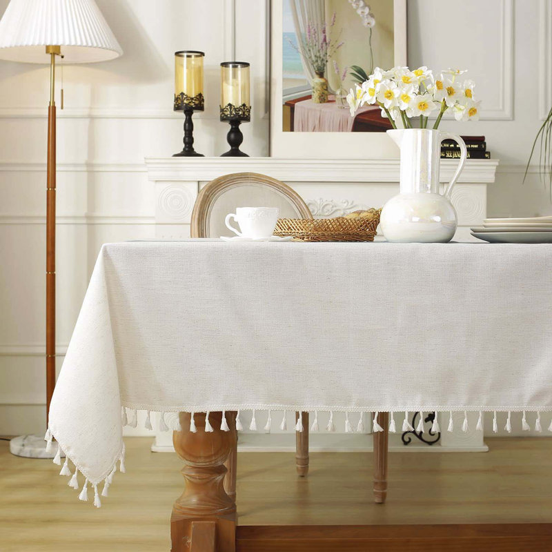 Rustic Cotton Linen Table Cloth,Tablecloths For 6 Foot Rectangle Tables,Waterproof Washable Tablecloth With Tassel Rectangle/Oblong, 55''X 86'', 6-8 Seats