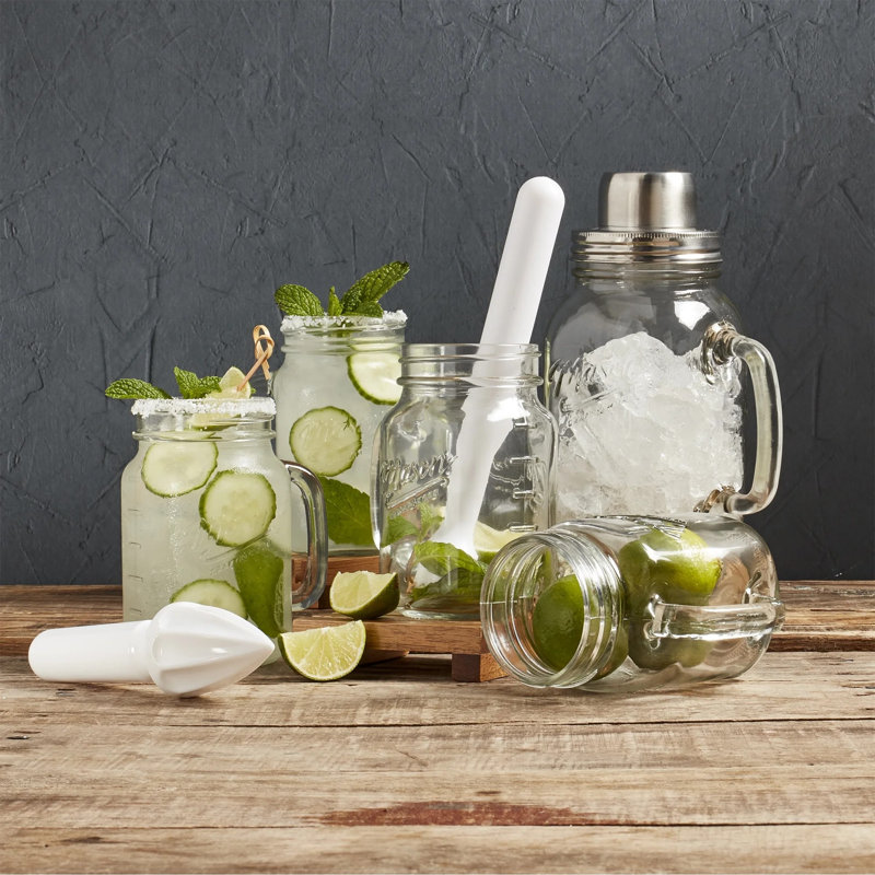 Mason Craft & More 7 Piece Glass Drinkware Bar Set, Cocktail Shaker, Drinking Jars, Muddler