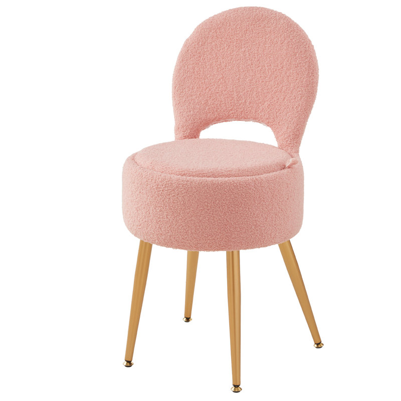 Tabouret de coiffeuse rembourré en polaire Teddy avec rangement et dossier pliant, Rose