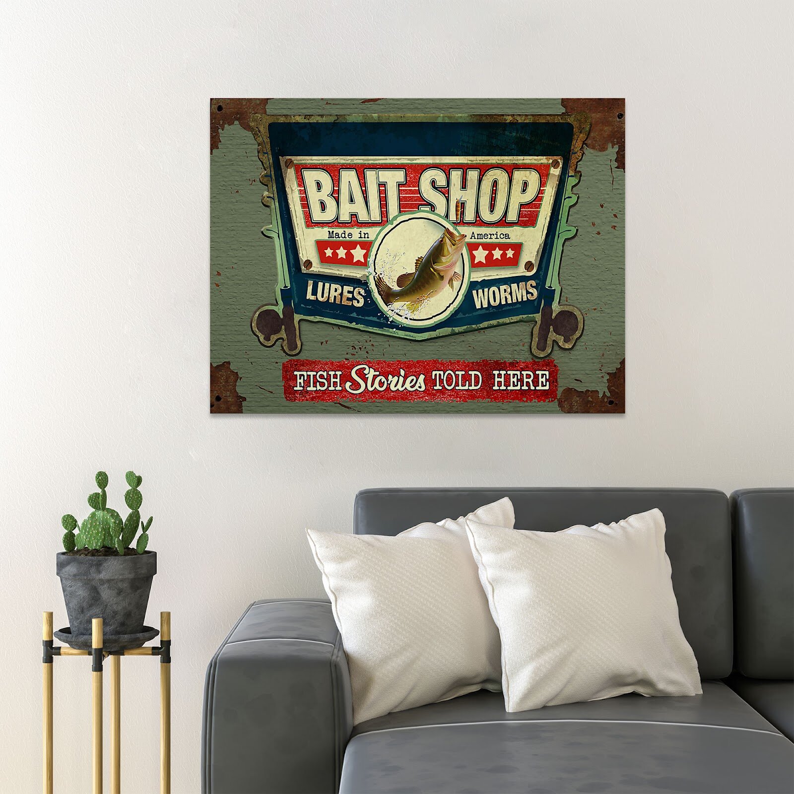 Fish On Bait Shop Poster - Fish Stories Told Here - Wrapped Canvas Rectangle Graphic Art Print Trinx Size: 16 H x 20 W x 2 D