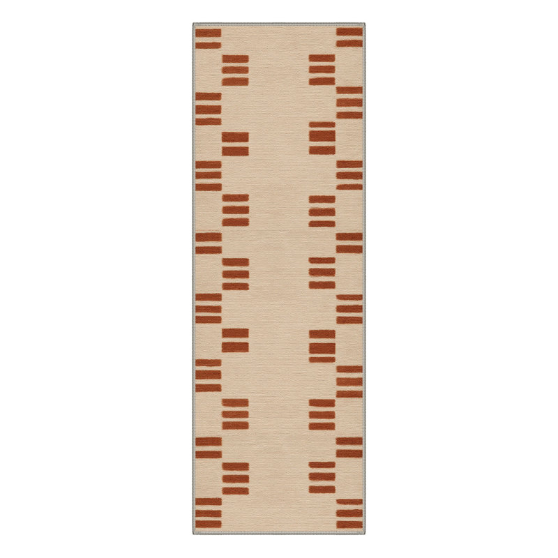 Mondrian Modern Block Stripes Machine Washable Sandstone Indoor Area Rug With Non-Slip Backing, Runner 2'6" x 8'