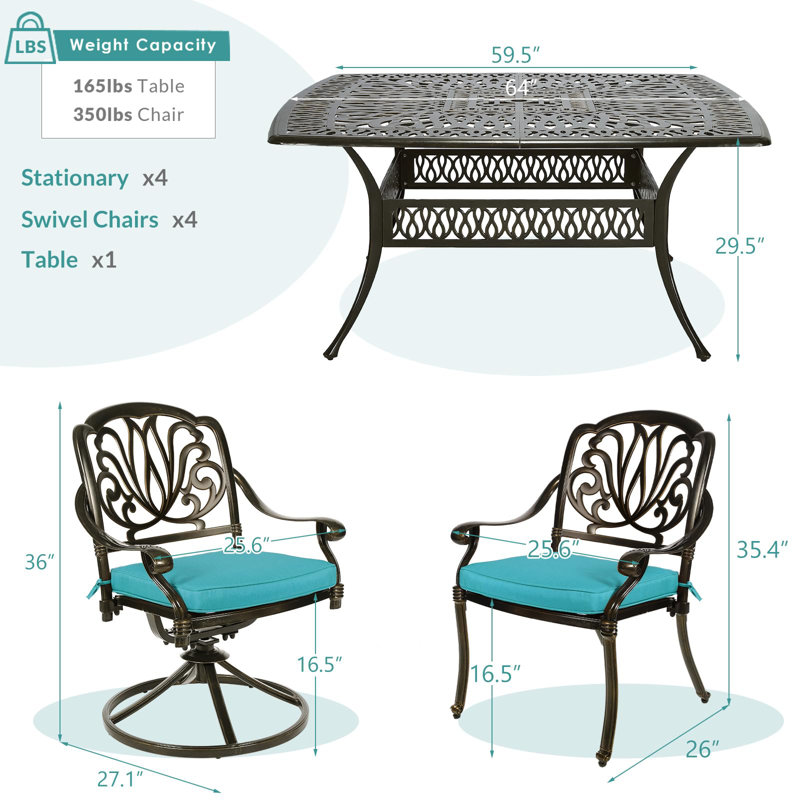  9-piece Outdoor Patio Dining Set For 8, All Weather Cast Aluminum Patio Funiture Table And Chairs Set- Large 64" Square Table, 4 Swivel Rocker Chairs, 4 Stationary, Umbrella Hole