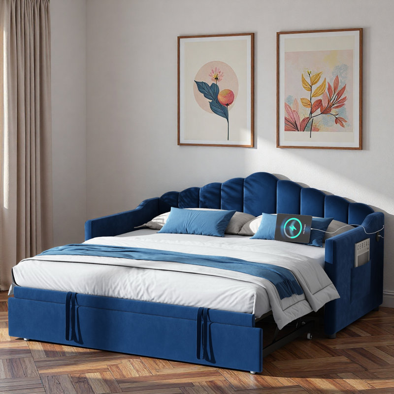 Upholstered Daybed With Adjustable Height Pop Up Trundle, Charging Port And 2 Side Pockets