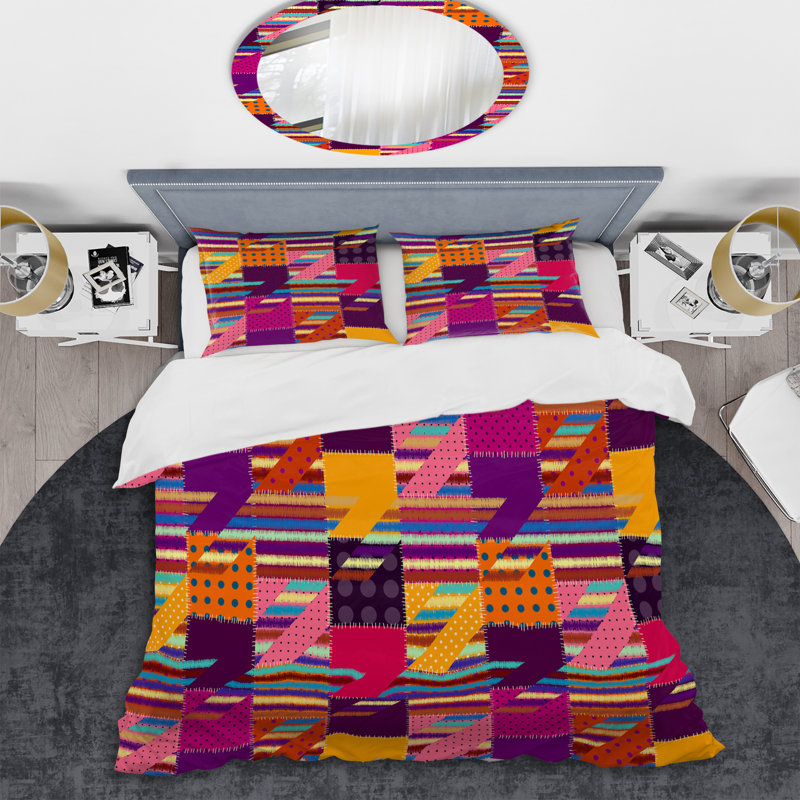 Multicolore patchwork géométrique - ensemble de housse de couette abstrait - microfibre de polyester