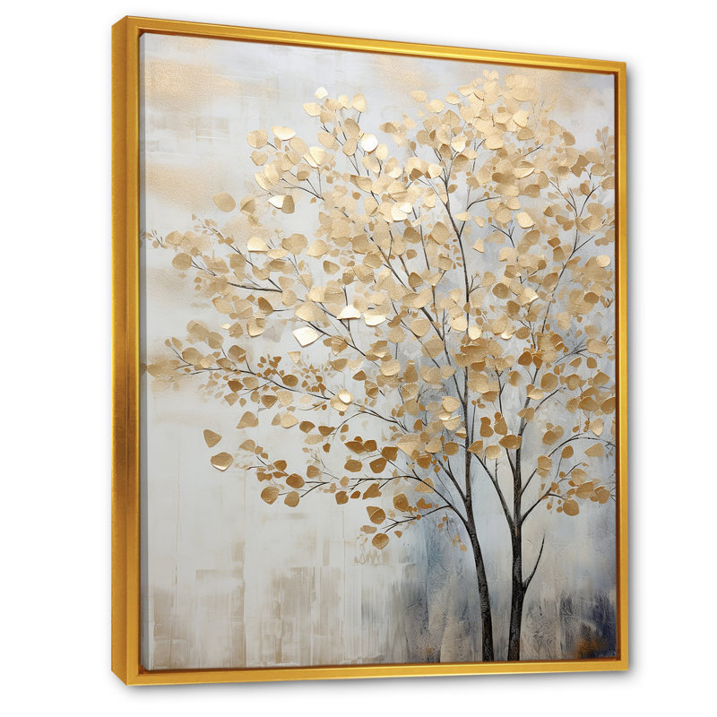 Minimalisme, scène d'arbres bleus et dorés - Art mural arbres, Cadre flottant doré, H 44 po x l 34 po x P 1,5 po