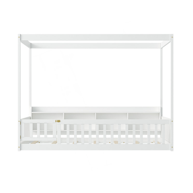 Montessori Floor Bed with Storage Headboard and Safety Access Door, Blanc