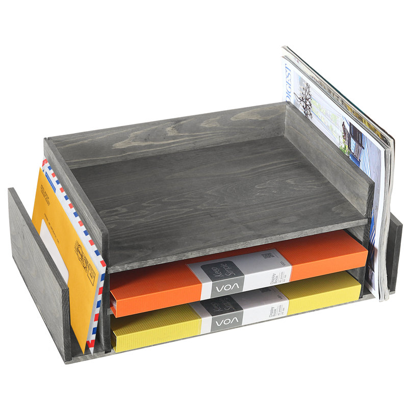 Solid Wood 3-Tier Document File Organiser, Grey