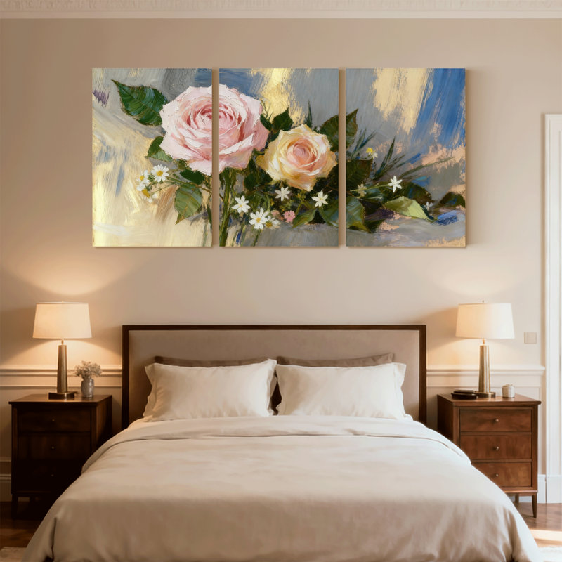 Ensemble de 3 impressions sur toile roses et roses et marguerites blanches, H 18 po x l 36 po
