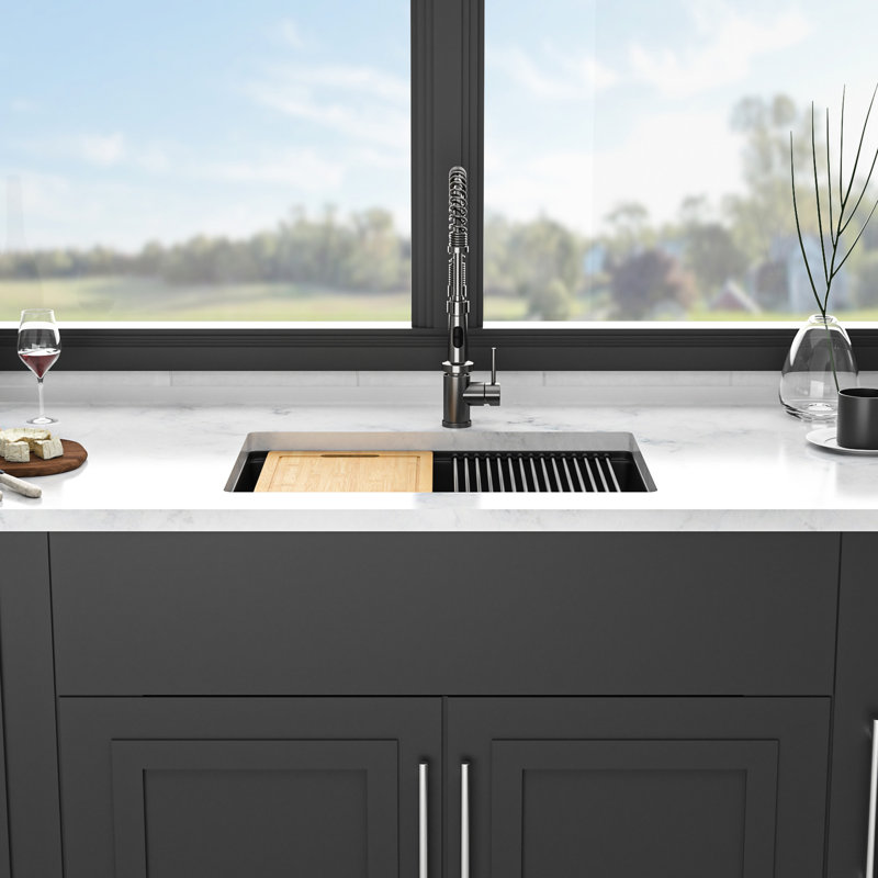 Évier de cuisine 28 pouces par 19 comptoir en quartz noir, matériau haut de gamme, surface lisse, élimine les vibrations, avec grille de séchage et grille inférieure noire, composite de 28 po x 19 po