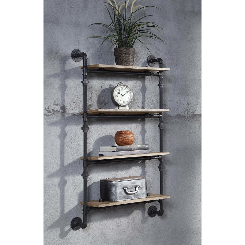 Water Pipe Style 4 Tier Wall Shelf In Oak Finish, For Stylish Home Storage And Decor, 23"L Shelf, 17" Package Width Decor Storage, 9"W 37 Lb Weight