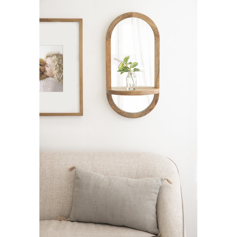 Meliora Wood Framed Capsule Mirror with Shelf, Natural, 24" x 12"