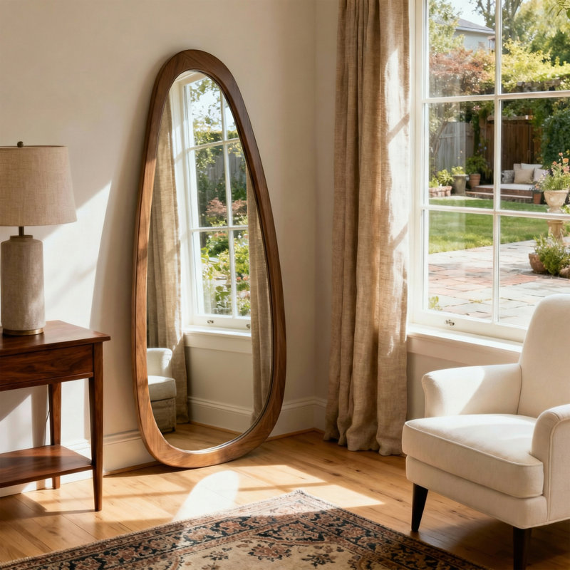 60" x 22" Organic Irregular Wood Framed Full Length Floor Mirror, Asymmetrical Decorative Mirror for Bedroom, Living Room, Entryway