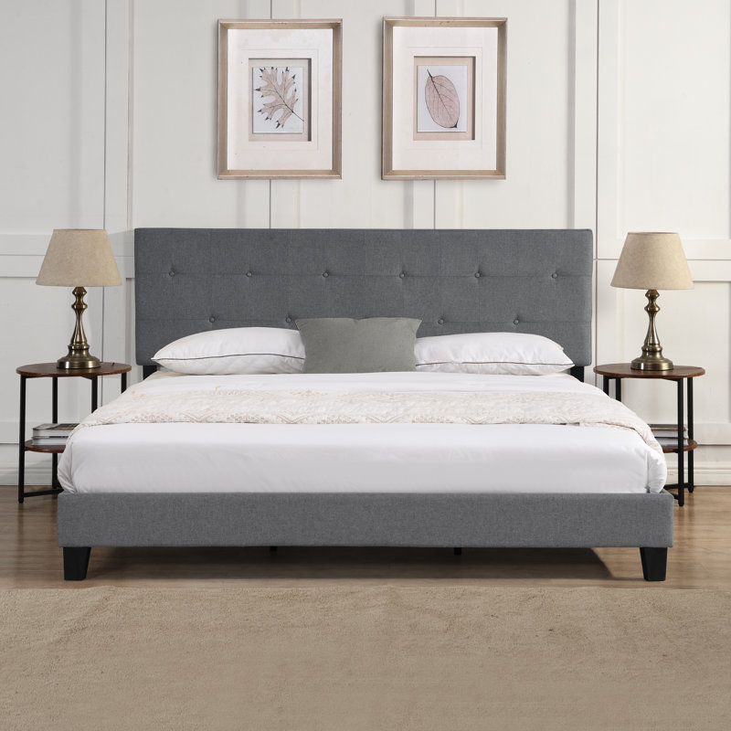 Gray King Size Upholstered Bed Frame, Button Headboard, No Box Spring, Wood Slat Base, Easy Assembly, 80 In. Product Width Bed, Support, 25.4 Package
