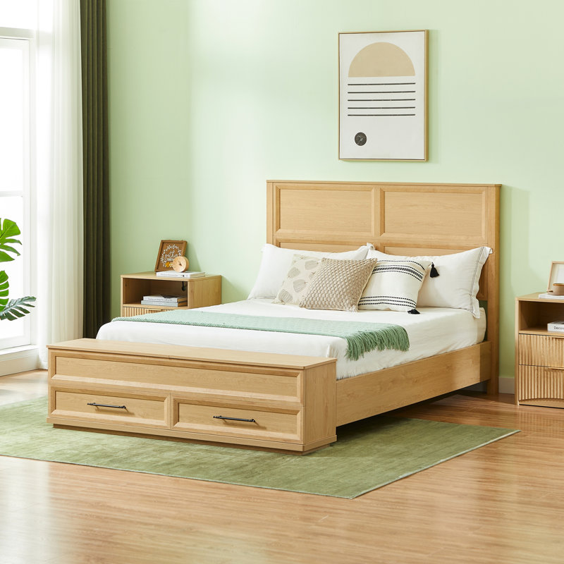 Lit avec tête de lit géométrique 3D et banc de rangement - rangement à 4 tiroirs, mobilier de chambre moderne, Grand lit, Oak