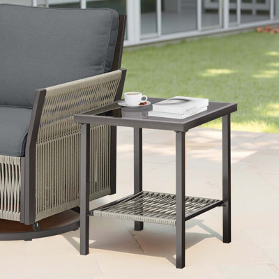 Outdoor Wicker Side Table, 22X18x18 Inch All Weather Rattan Small Patio Table Square End Table For Pool Balcony Deck Porch Lawn Backyard, Dark Gray
