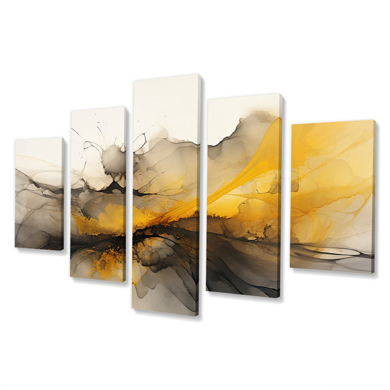 Paysages de rêves vagues rétro jaune I - décoration murale formes abstraites - 5 panneaux
