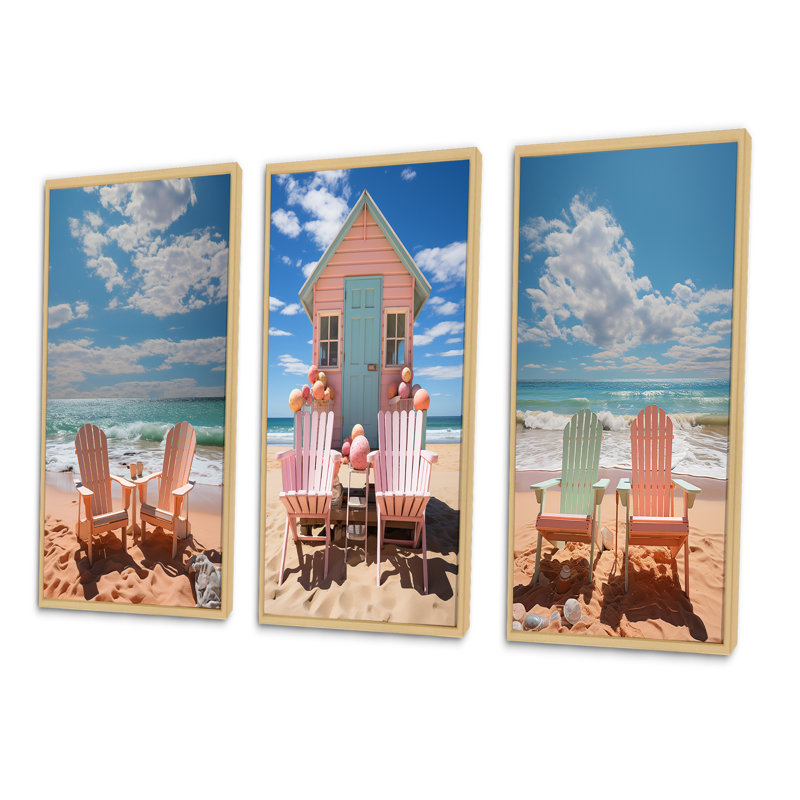 «Beach Chairs Dream», 3 pièces sur toile, Encadrement brun, H 28 po x l 36 po