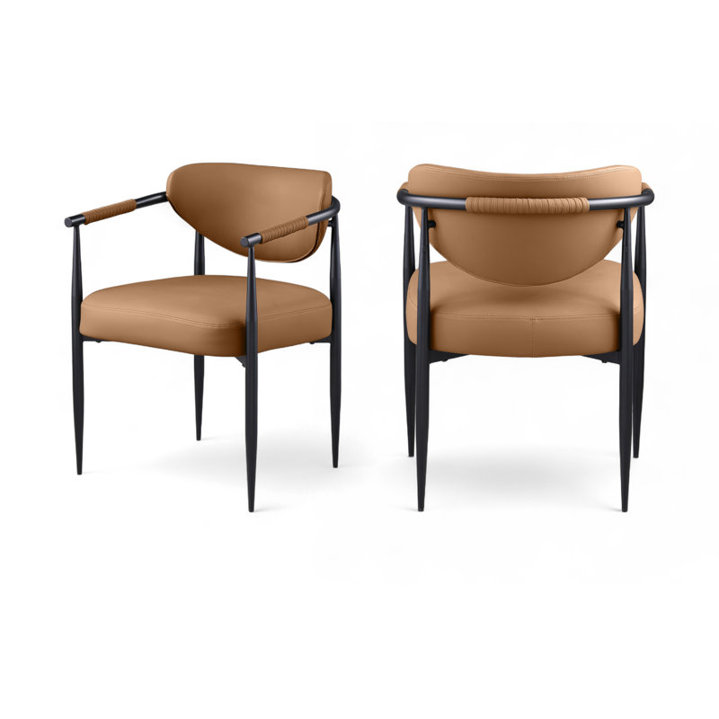 Chaise rembourrée en cuir Virella, Cuir cognac végétalien, Noir mat