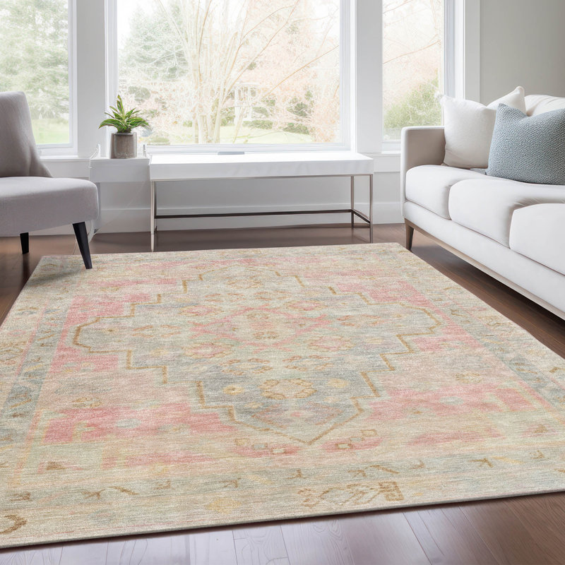 Tapis intérieur / extérieur rose lavable à la machine Xhevrie, Rectangle 9 pi x 12 pi