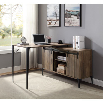 48 Inch Gray Oak & Black Finish L-Shape Writing Massey with Sliding Barn Door Storage
