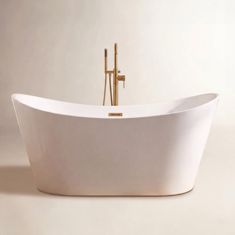 67'' x 32'' Freestanding Soaking Acrylic Bathtub, Brushed Gold, White