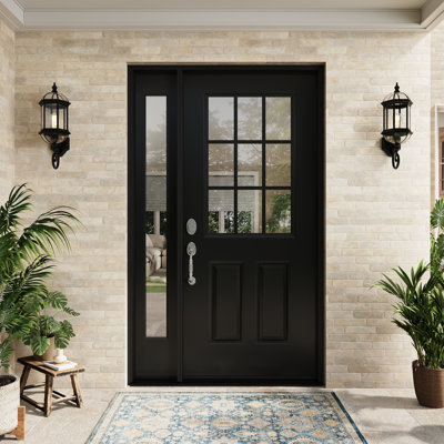 Entry Front Exterior Steel Door 36" x 80" Painted Black 9-Lite Clear Glass Prehung Door Fixed Single Sidelite Black 1 Lite Clear Glass Door With Jamb, Right-Hand Inswing (Not Included Hardware Kit)