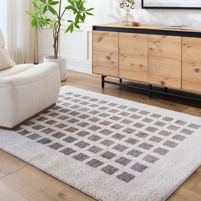 Charcoal Modern Shaggy Washable Rug, Chequered Anti-Slip Rug For Living Room, Dining Room, Bedroom, Kitchen