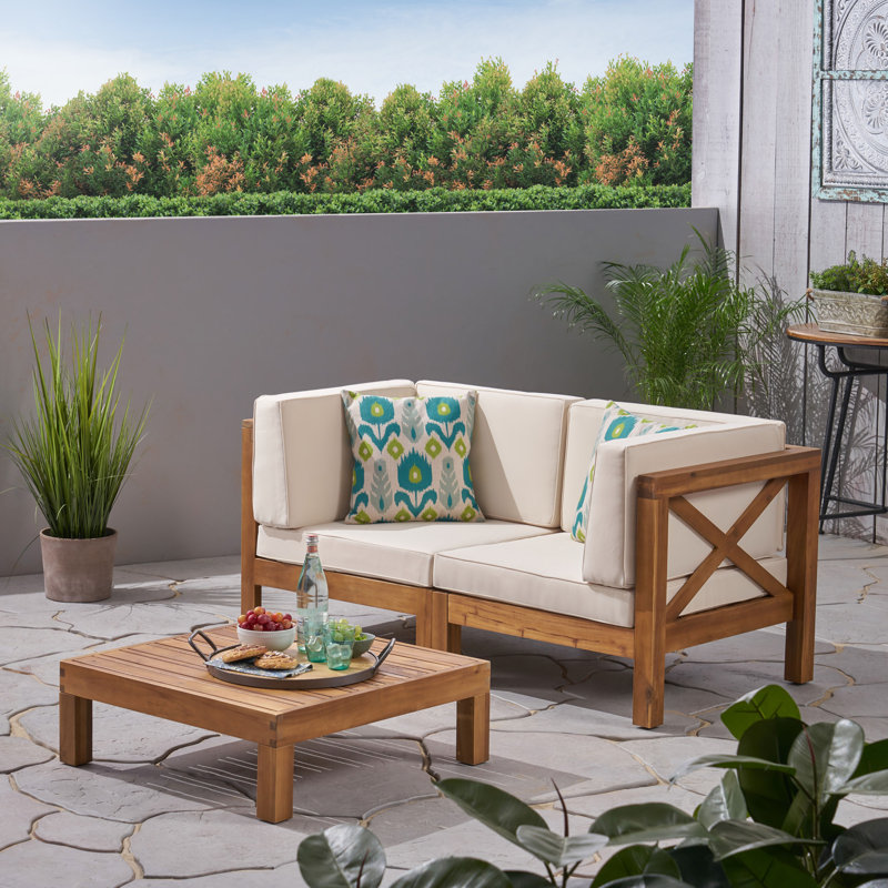 Acacia 2 - Person Patio Conversation Set with Cushions, Teak Frame / Beige Cushion