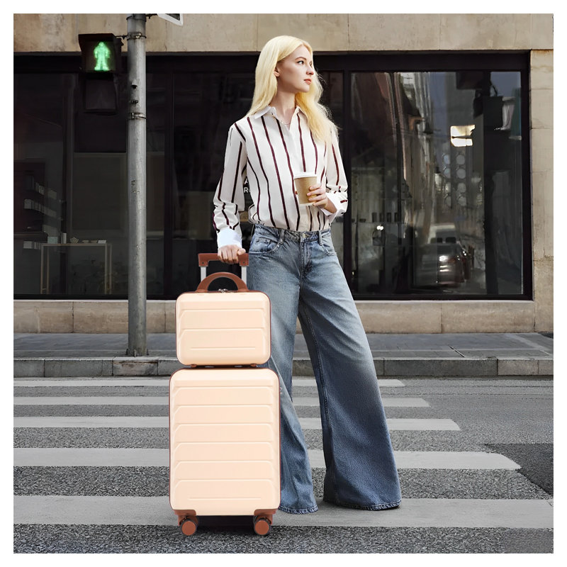 Ensemble de valises rigides en ABS 2 pièces beige avec étui à cosmétiques de 14 pouces et porte-bagage de 20 pouces