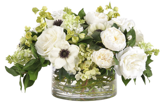 Rose Anemone, White Green, Glass Bowl, 19wx19x12h