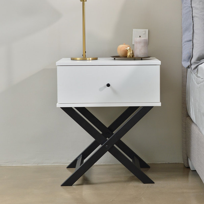Muir 50.2cm W Iron + Manufactured Wood Bedside Table, Black/White