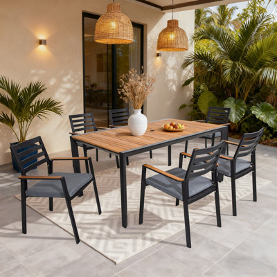 Patio Aluminum / Teak Wood 6 Person Dining Set With Umbrella Hole
