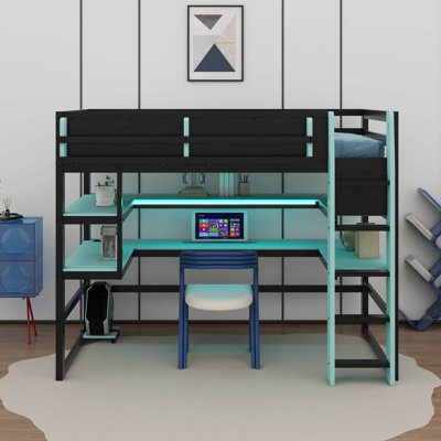 Wood Loft Bed With Desk, Multi-Storage Shelves, Side Storage Rack, RGB LED Light & USB Charging