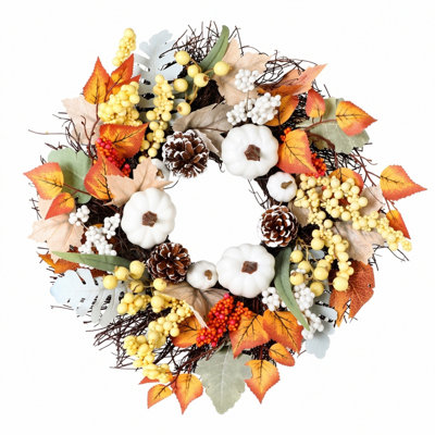 Couronne artificielle 17,7 pouces avec citrouilles, pommes de pin et feuilles d'automne