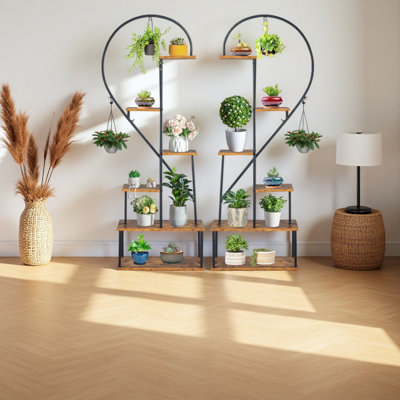 Support pour plante à 2 cœurs 6 couches 2 pièces, support pour pot de fleurs, tablette robuste pour jardin / balcon / patio / salon, multi-usage pour plantes / bibelots / cadres photo